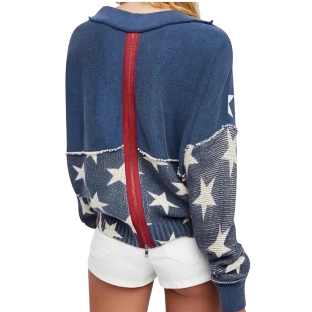 Free People Navy Blue Star Print Crewneck Sweater with Red Stripe